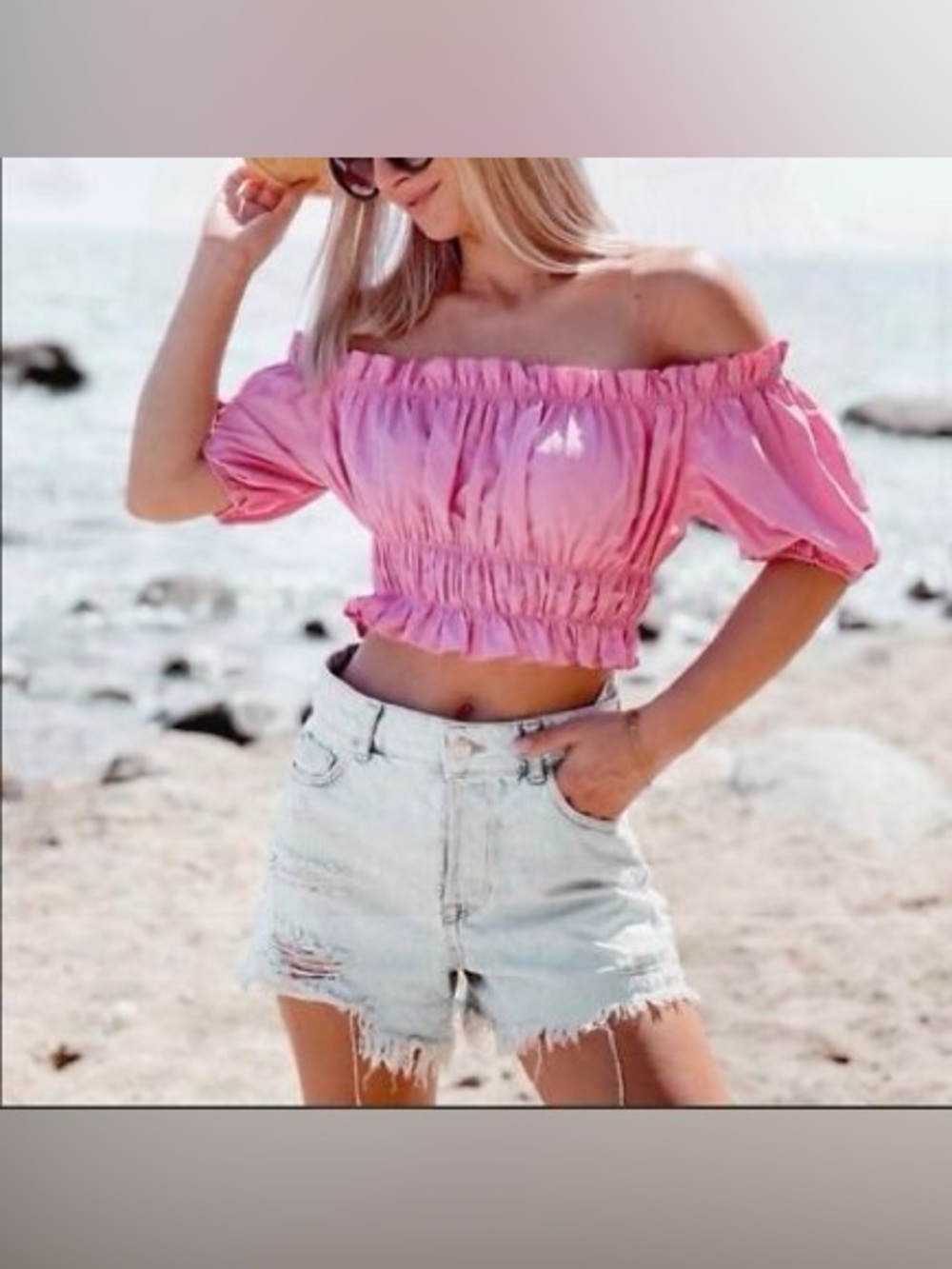 Zara Pink Off-Shoulder Smocked Crop Top